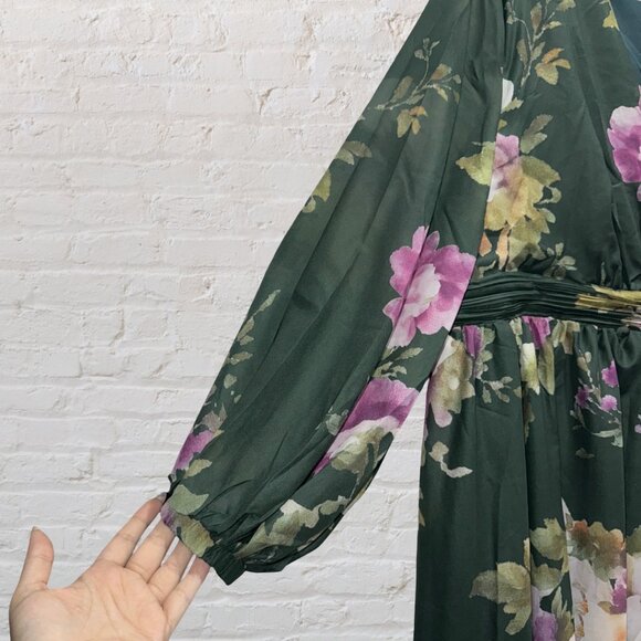 4X (FITS LIKE A 3X) Green Chiffon Floral Print Lantern Sleeve Maxi DressNWT - Picture 4 of 10